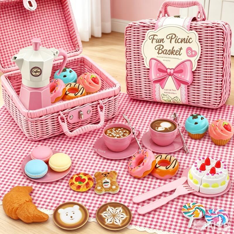 Coffee Tea Gift Basket - ชุดของเล่นจำลองปิกนิกพร้อมตะกร้า ของเล่นครัว ชุดน้ำชาเด็ก ของเล่นบทบาทสมมติ ของหวาน ขนม