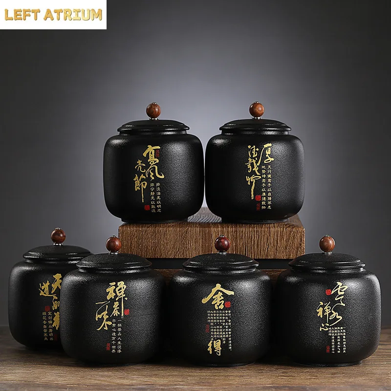 Coffee Tea Font - กระปุกชาเซรามิกสีดำแบบปิดผนึก ตัวอักษรทอง กระปุกเก็บของพอร์ซเลน กระปุกเก็บขนม กาแฟ เมล็ดกาแฟ