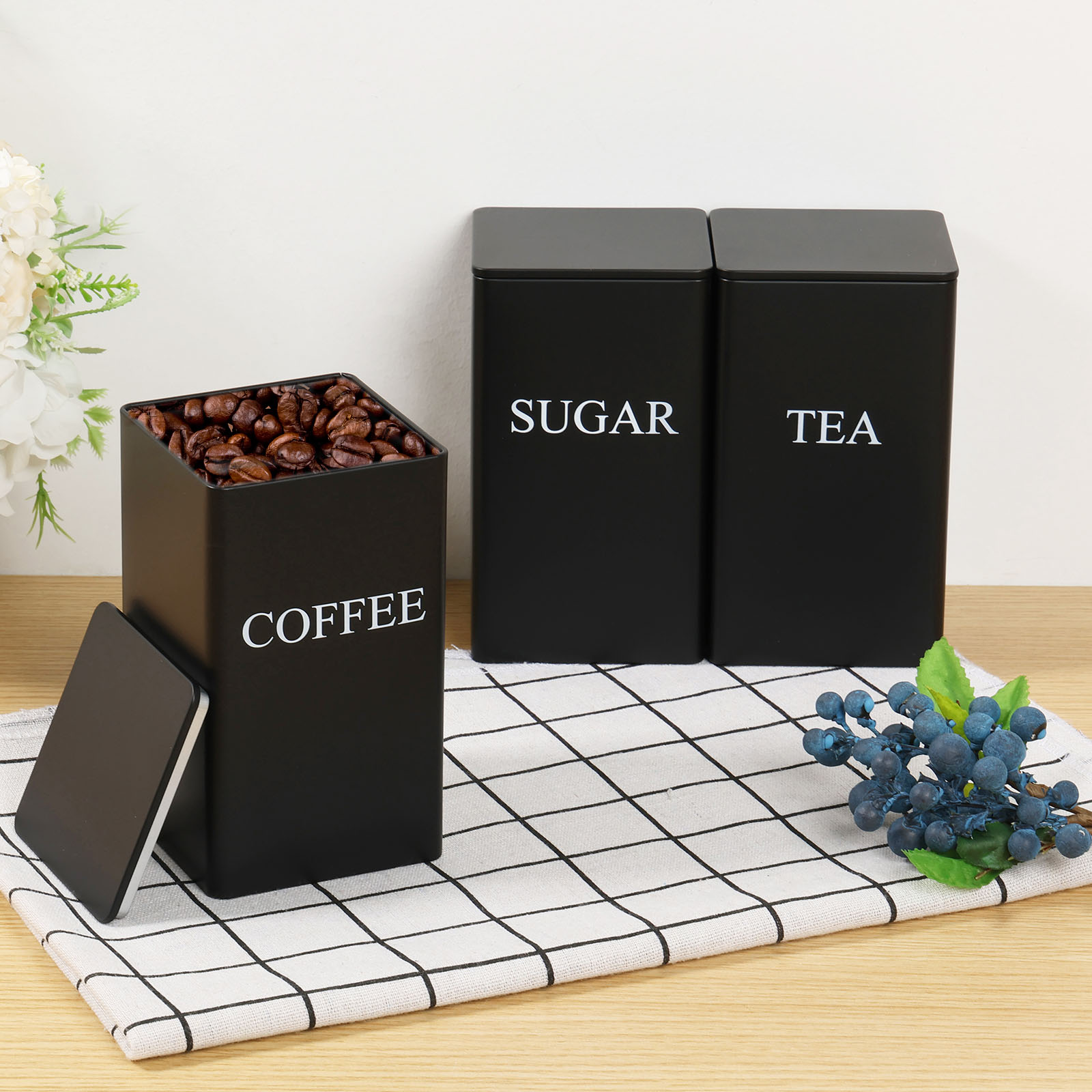 Coffee Tea And Sugar Canisters - 3 ชิ้นกาแฟ Bean ถังเก็บชาน้ําตาลสูญญากาศปิดผนึก Jars กระป๋องเหล็กความร้อนครัวครีม
