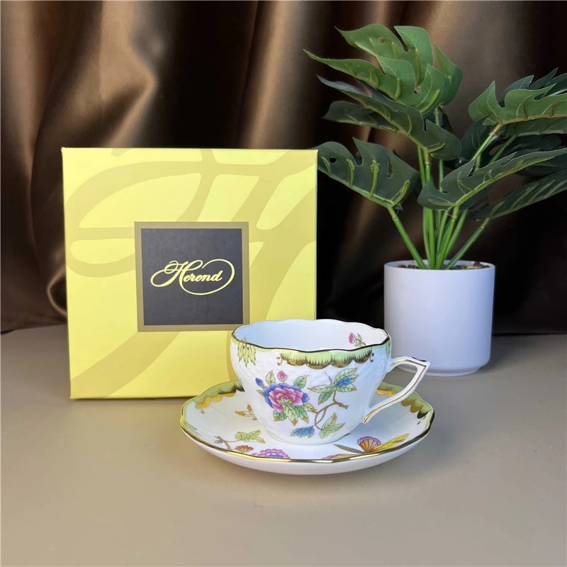 Coffee Tea Gift Basket - ชุดถ้วยกาแฟและจานรองลายดอกไม้ ถ้วยเซรามิกพร้อมจานรอง กล่องของขวัญ ชุดน้ำชาบ่าย ลายดอกไม้สไตล์ชนบท ภาชนะสำหรับดื่มชาที่บ้าน