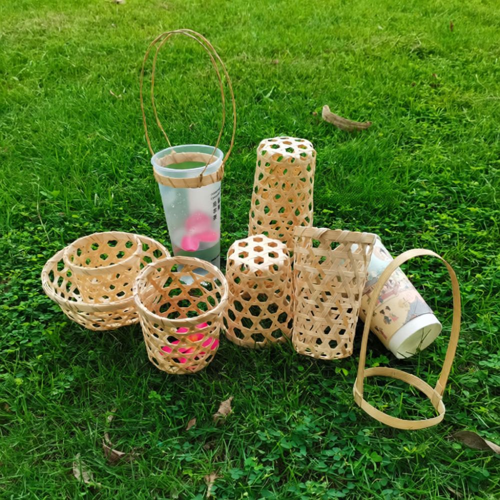 Coffee Tea Gift Basket - ปลอกหุ้มแก้วเครื่องดื่มไม้ไผ่สานธรรมชาติ ที่วางแก้วกาแฟทำมือ บรรจุภัณฑ์ชาสไตล์ชนบท กล่องใส่เครื่องดื่มแบบพกพา ของตกแต่ง