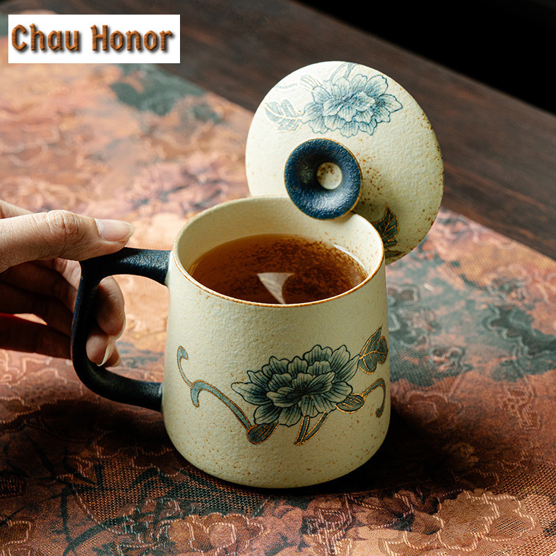 Coffee Tea Drawing - 330ml สีฟ้าและสีขาว Flint สีแดงแก้ว Handmade GOLD