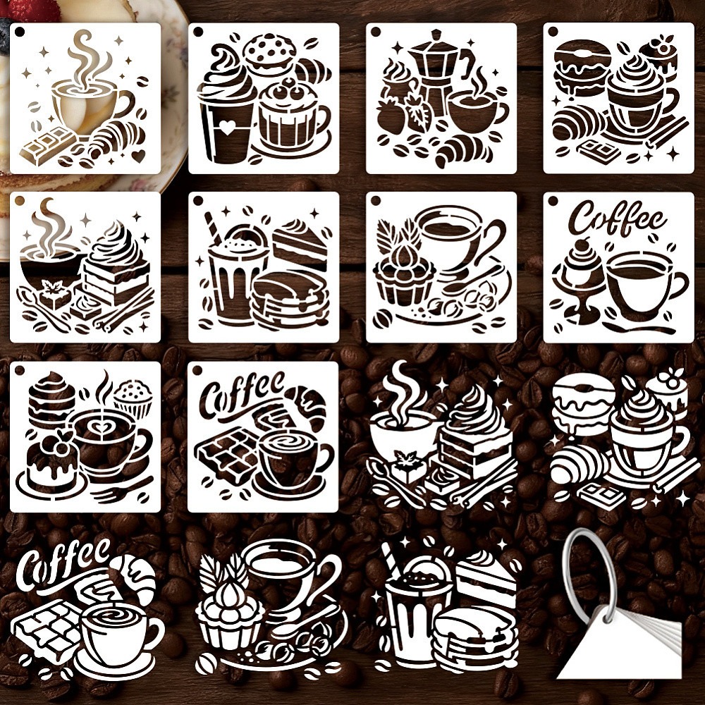 Coffee Tea Drawing - แผ่นลายฉลุสำหรับวาดภาพลายกาแฟ 10 แผ่น 10 แบบ ลายขนมหวานและชุดน้ำชายามบ่าย