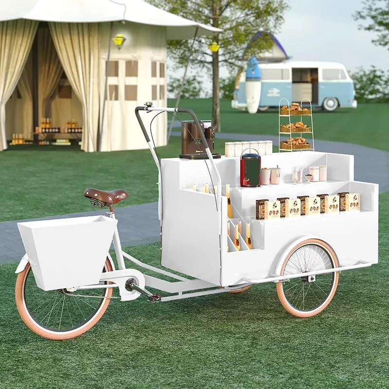 Coffee Tea Vendor - รถเข็นสามล้อเคลื่อนที่พร้อมชั้นวางสินค้า ดีไซน์สร้างสรรค์สำหรับร้านค้าตลาดนัด รถเข็นขายกาแฟ ชานม สำหรับผู้ขายอาหารริมทางและอินเทอร์เน็ตเซเลบริตี้