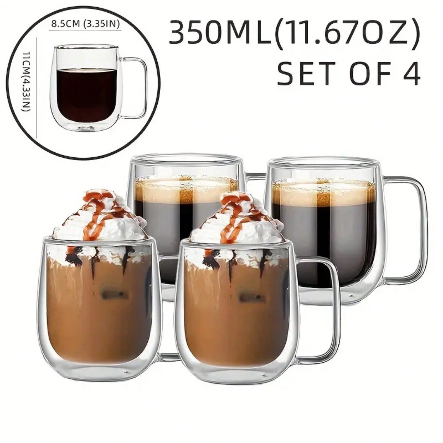 Coffee Tea Etc - ชุดแก้วกาแฟแก้วสองชั้นพร้อมหูจับ 4 ชิ้น แก้วสองชั้นแบบใส ช่วยรักษาอุณหภูมิ เหมาะสำหรับเครื่องดื่มร้อนและเย็นหลากหลายชนิด