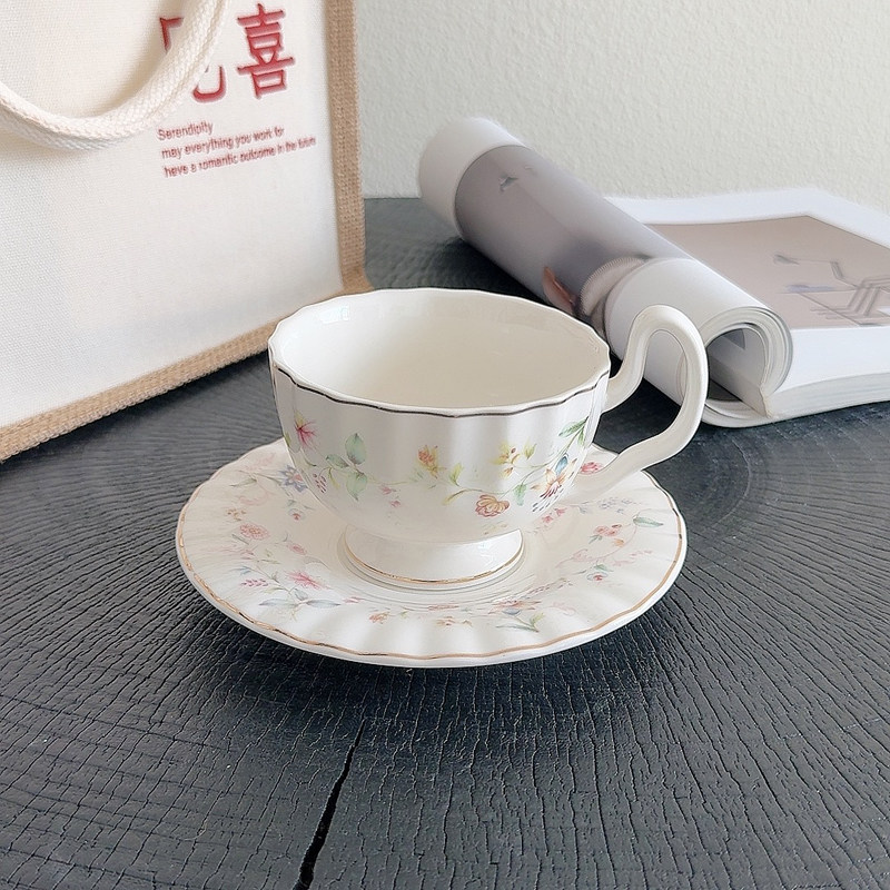 Coffee Tea Drawing - ชุดถ้วยกาแฟลายดอกไม้สีทอง ดีไซน์ใหม่ 200 มล. สวยงามสไตล์ฝรั่งเศสวินเทจ แก้วน้ำสำหรับน้ำชายามบ่ายและของหวาน