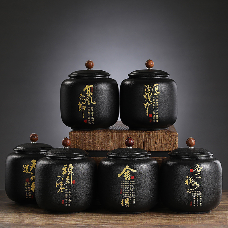 Coffee Tea Font - เซรามิคสีดําปิดผนึกชาGildedตัวอักษรPorcelain Storage Jar TieHousehold CandyกาแฟBeanปิดผนึกJarคอนเทนเนอร์สามารถ