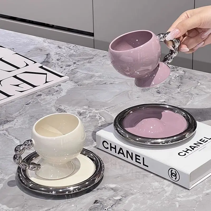 Coffee Tea Latte - ภาษาอังกฤษ Afternoon Tea ถ้วยกาแฟจานรองเซรามิคสีขาวสีม่วงคู่แก้ว Latte Art