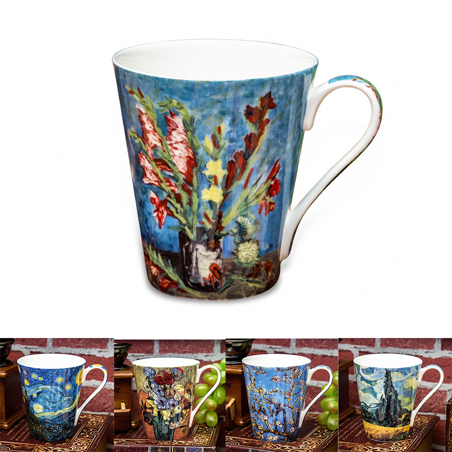 Coffee Tea Van - 5 ชิ้นชุดกระดูกจีน Van Gogh ภาพวาดศิลปะแก้วถ้วยกาแฟดอกไม้ชา Tumbler