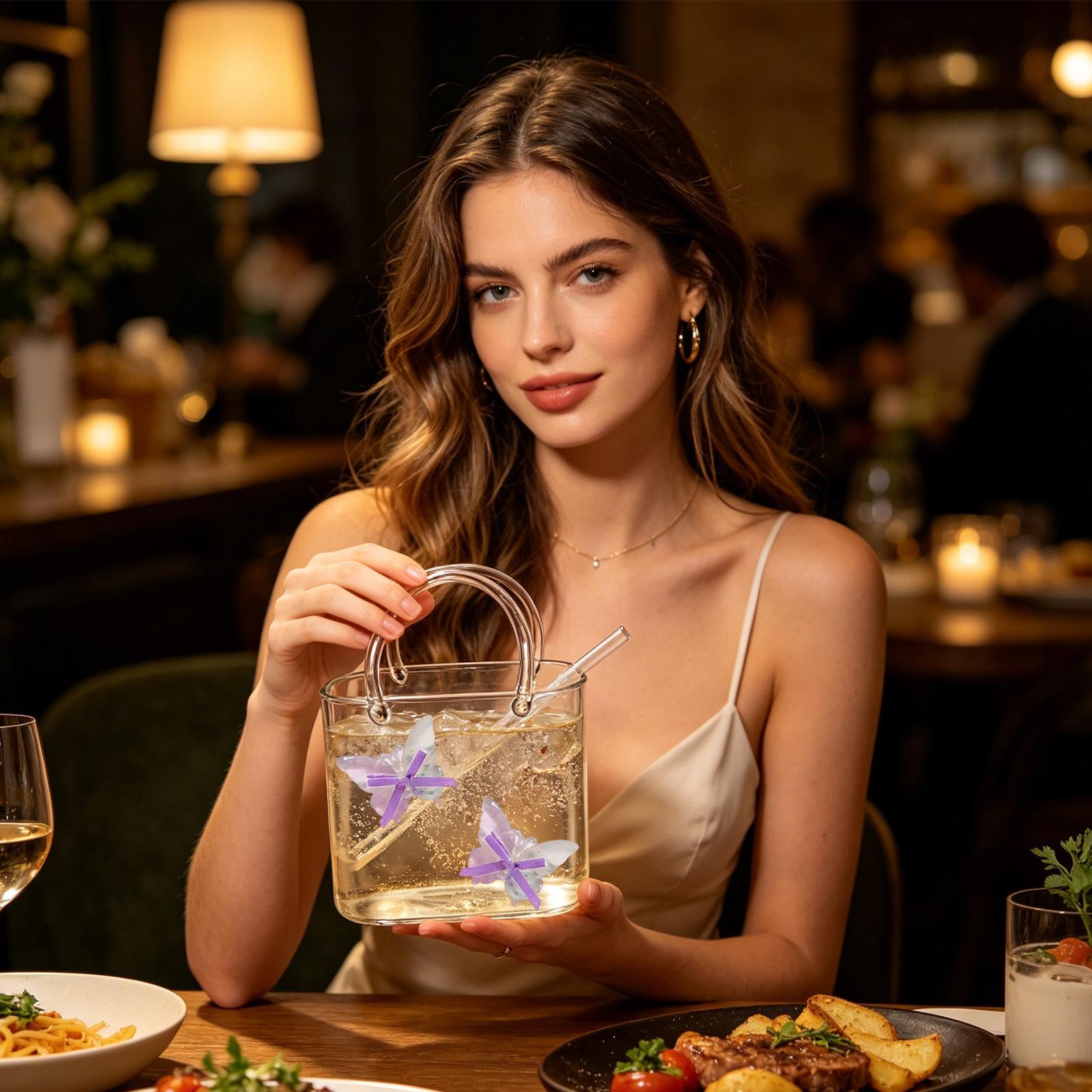 Coffee And Tea Bar - แก้วใสทรงกระเป๋าถือ สำหรับเครื่องดื่ม แก้วค็อกเทล แก้วไวน์ สำหรับกาแฟเย็น สมูทตี้