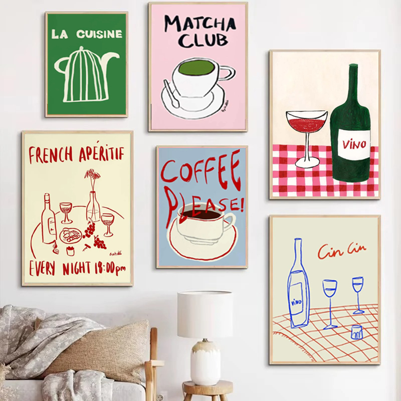 Coffee Tea Drawing - 1PC ภาพพิมพ์ศิลปะตกแต่งแบบไม่มีกรอบ, ภาพวาดสีสันสดใสศิลปะนามธรรมโปสเตอร์อาหารตกแต่งผ้าใบภาพวาดกาแฟชาไวน์วินต้า