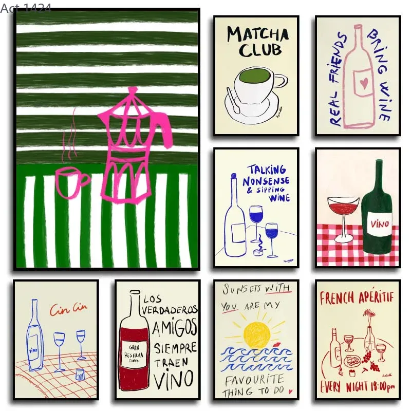 Coffee Tea Drawing - ภาพวาดสีสันสดใสทันสมัย ศิลปะนามธรรม โปสเตอร์อาหาร ภาพตกแต่งบนผ้าแคนวาส ภาพวาดตกแต่งห้องสไตล์วินเทจ สำหรับตกแต่งบ้านและร้านกาแฟ