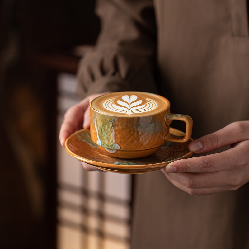 Coffee Tea Latte - ชุดแก้วกาแฟเซรามิกทรงไม่ปกติพร้อมจานรอง แก้วลาเต้สไตล์เรโทร แก้วน้ำสำหรับน้ำชายามบ่าย
